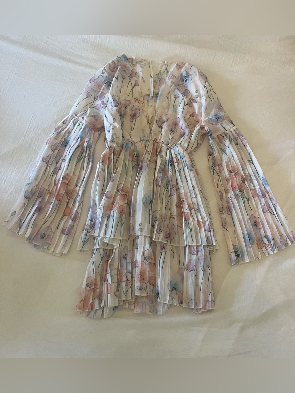Tiered Pleated Floral Dress - Soft Pastel Print